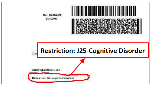 This is an example of the back of a driver's license with the J25-Cognitive Disorder explanation.