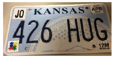 This is an image of a Kansas license plate with the autism decal in the lower left corner